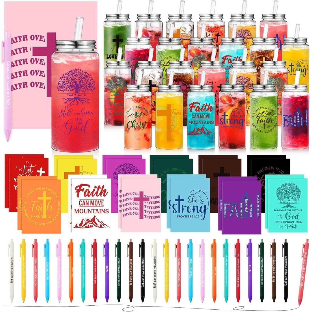 72 Pcs Christian Gifts Bulk, 13.5 oz Bible Verse Cups with Lids Straws Religious Notebooks Scripture Ballpoint Pens Church Gifts for Women Men Volunteer Team Staff Christian Party Favors