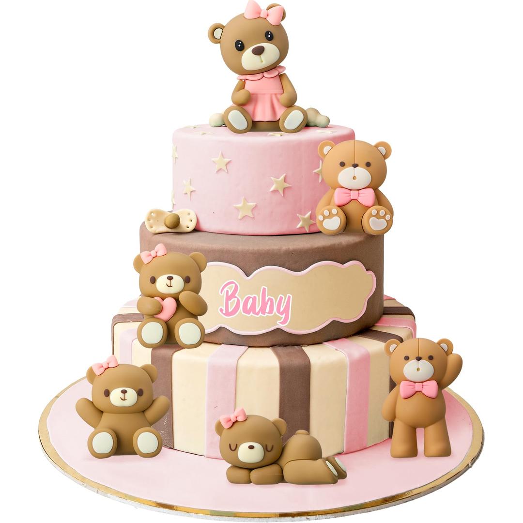 6 Pcs 3D Bear Cake Toppers Bear Cake Decorations Baby Shower Party Favors Home Ornaments for Baby Shower Birthday Party Cake Supplies Boys Girl Gifts(Pink)