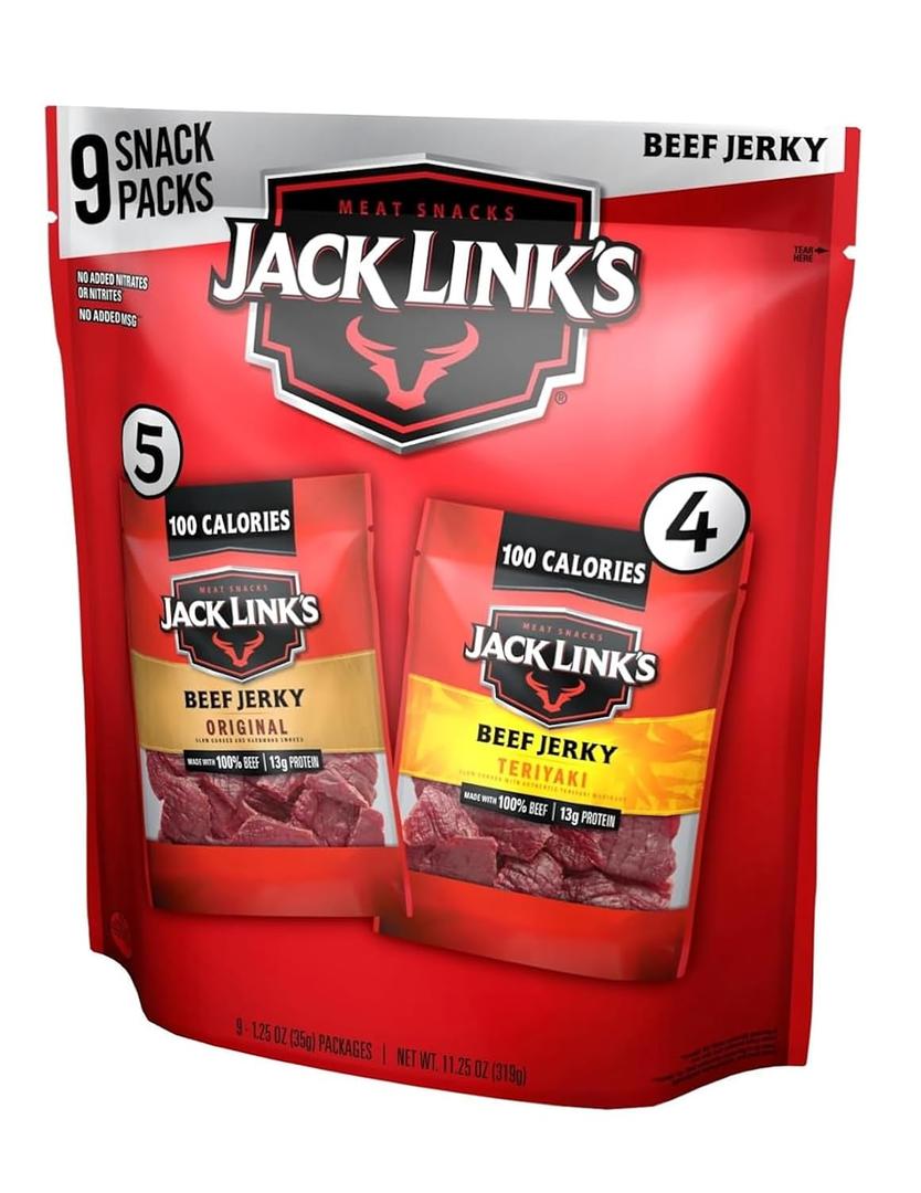 Jack Link's Beef Jerky Variety Pack - Includes Original and Teriyaki Jerky, Bulk Protein Snack Pack, Good Source of Protein, Meat Snacks Made with 100% Beef, Individual Bags - 1.25 Oz (Pack of 9) (EXP 07/14/25)