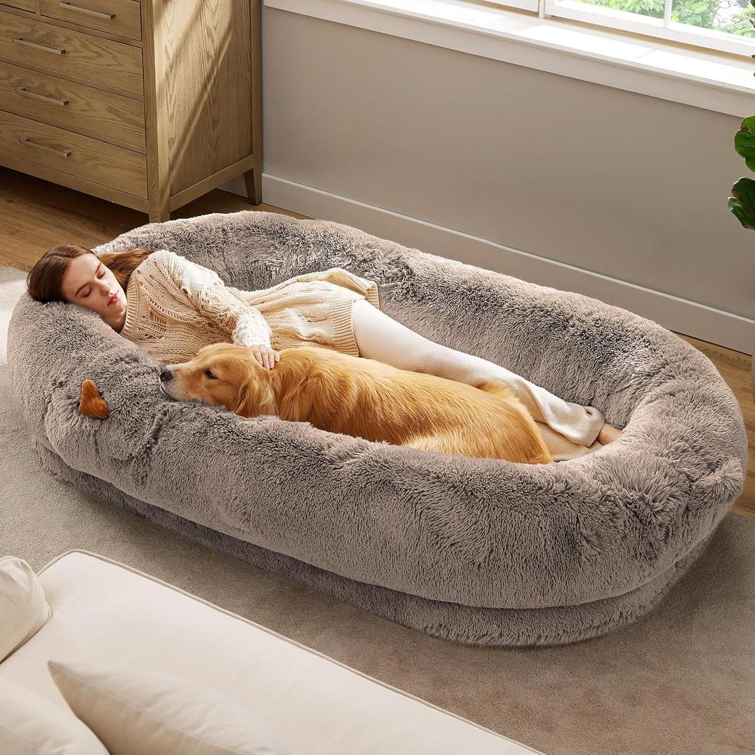 Bedsure Human Dog Bed, 71.0" x 44.0" x 12.0" Calming Giant Human Dog Bed for Adults People Fits Pet Families with Storage Pocket, Fluffy Faux Fur Orthopedic Pet Bean Bed, Camel