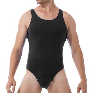 Men's One Piece Tank Top Thongs Underwear Wrestling Singlet Bodysuit with Press Button Crotch (Medium, Black)
