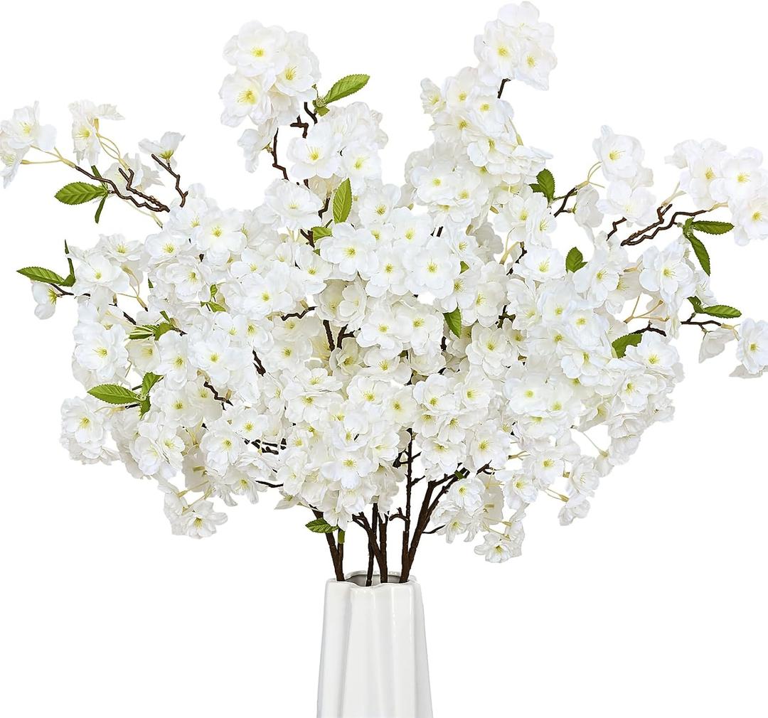 Sunm Boutique White Cherry Blossom Flowers, Artificial Cherry Blossom Decor Faux Cherry Blossom Branches Vase Arrangements for Wedding Home Party Kitchen Decor, Set of 3 (White With Leaves)