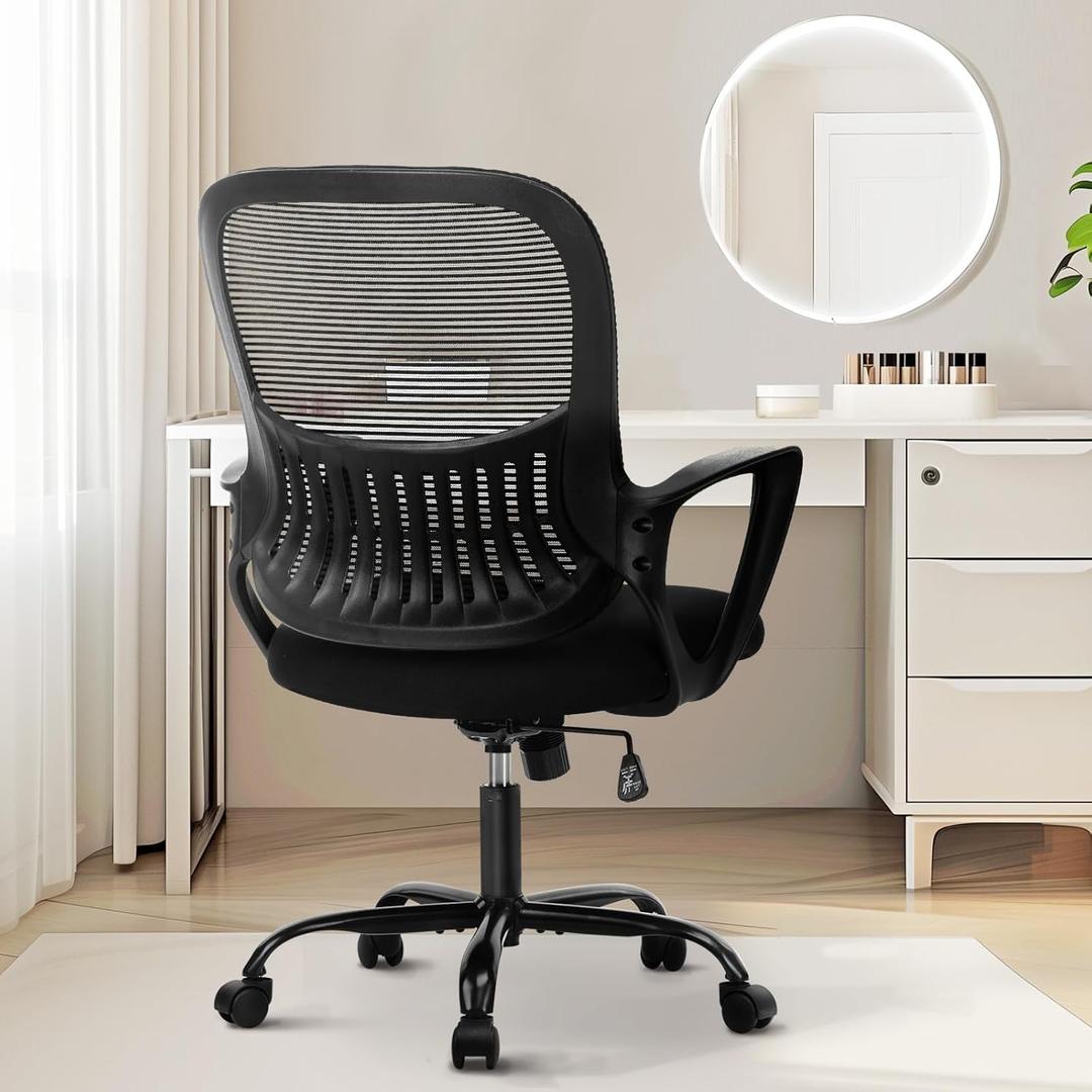 Sweetcrispy Office Computer Desk Managerial Executive Chair, Ergonomic Mid-Back Mesh Rolling Swivel Chair with Wheels, Comfortable Lumbar Support, Comfy Arms for Home, Bedroom, Study, Student, Black  