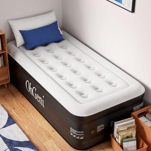 OhGeni Twin Air Mattress with Built in Pump for Guest, 18in Tall Colchon Inflables Blow Up Air Bed with Carrying Bag for Camping, Raised Elevated Double Airbed, Foldable & Portable Air Mattress, Black