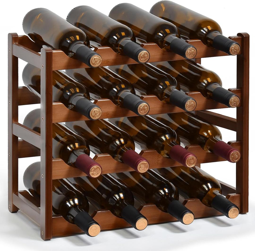 Bottle Rack, 16 Bottles 4-Tier Free Standing Bottle Racks, Bottle Rack Countertop Holder Storage Shelf for Kitchen Cabinet Dining Room Bar (Brown)