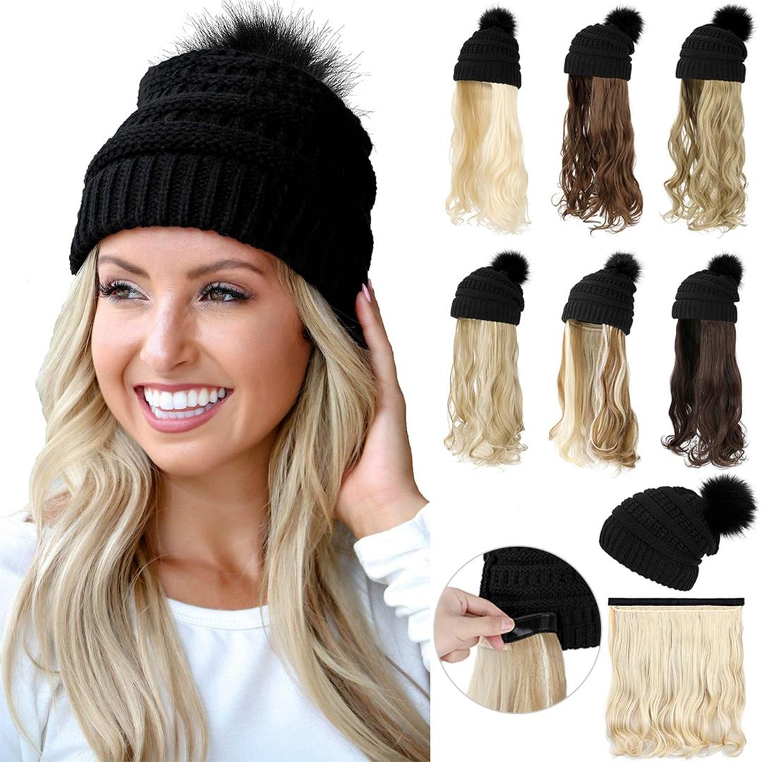 Qlenkay Beanie Hat with Long Wavy Curly Hair Extensions Black Knit Cap Attached 20inch Synthetic Wig Detachable Hairpiece Warm Pom for Women Winter Ginger Blonde Mix Bleach Blonde