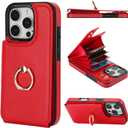 Folosu Compatible with iPhone 16 Pro Case Wallet with Card Holder, 360Rotation Finger Ring Holder Kickstand, RFID Blocking Leather Protective Double Buttons Shockproof Cover 6.3 Inch Red