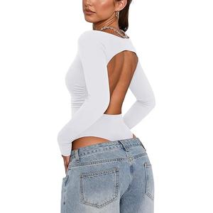 PINKMSTYLE Women Open Back Long Sleeve Bodysuit Boat Neck Double Lined Tops Slim Fit Ruched Backless Going Out Y2K Body Suit (Small)