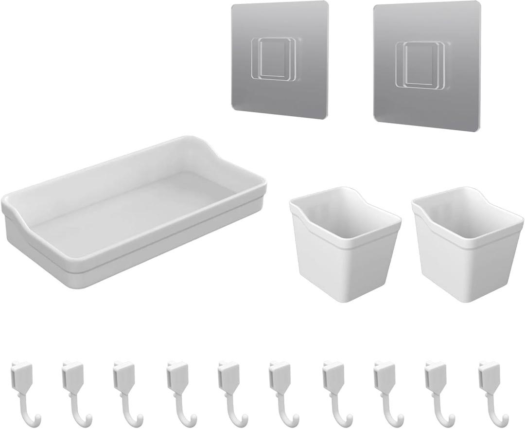 Pegboard Wall Organization Accessories Pack - 25 Pieces of White Hooks, Storage Bins & Fastening Strips (White)