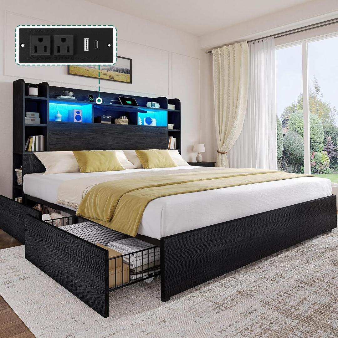 DWVO Queen Size Bed Frame with Bookcase Headboard and 4 Storage Drawers, RGB LED Bed Frame with Type-C & USB Charging Station Storage Headboard Bed, No Box Spring Needed, Noise Free, Vintage Black
