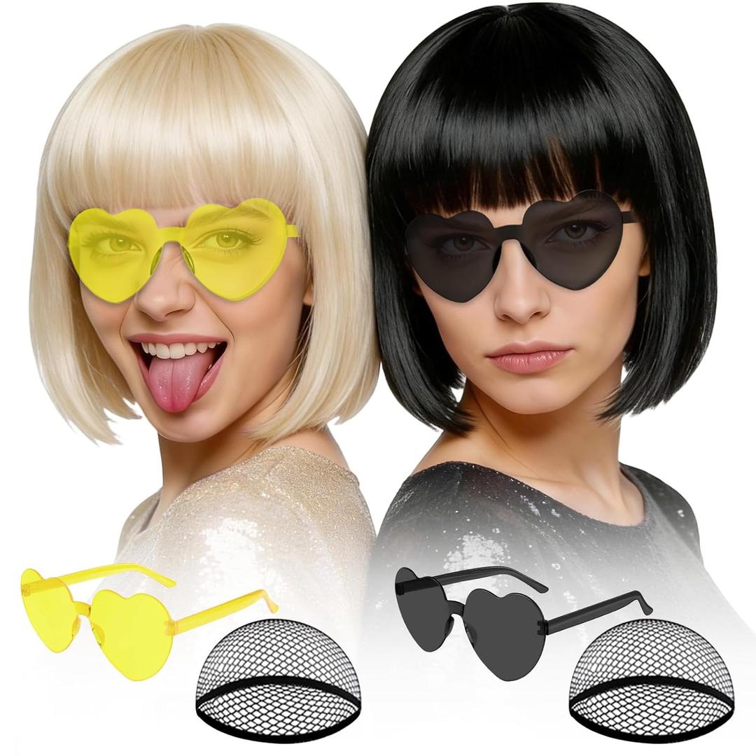 MEEZY 2 Pcs Neon Bob Wigs with Bangs Black Blonde for Women, Colorful Fun Wig Short Bob Hair with Heart Sunglasses Hair Cap for Halloween Costume Cosplay Photography Birthday Bachelorette Party