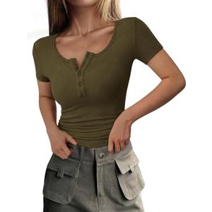 PRETTYGARDEN Womens 2026 Summer Short Sleeve Tops Ribbed Henley Button Slim Fit Basic Casual T Shirts Blouse Fashion Clothing (Large, Army Green)