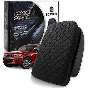Center Console Cover for 2021-2024 Jeep Grand Cherokee L Armrest Lid Pad with Organizer Pockets, Black Faux Leather Arm Rest Lid Protector Cushion Interior Accessories