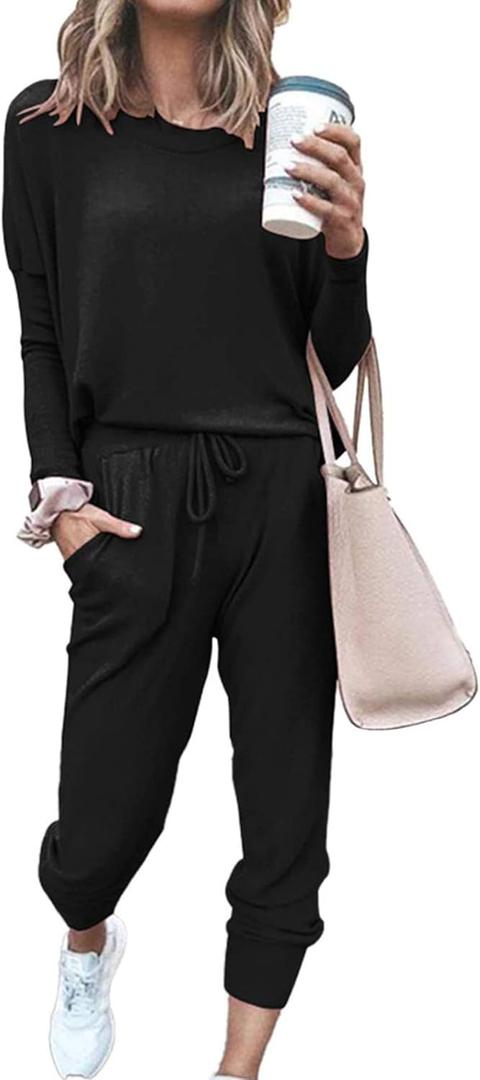 PRETTYGARDEN Women's Spring Fall 2 Piece Lounge Outfit Long Sleeve Crewneck Pullover Tops High Waisted Pants Set Tracksuit (Large, Black)