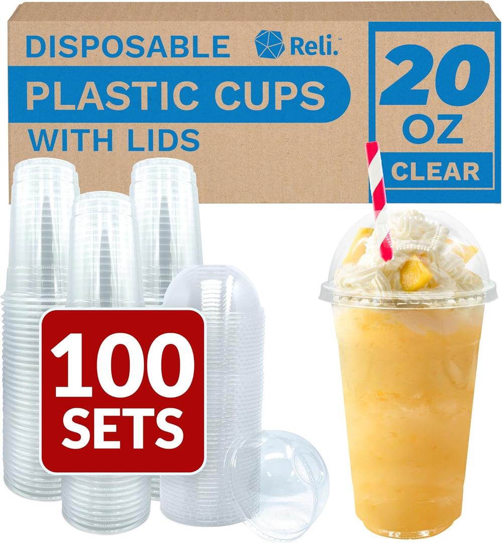 Reli. Plastic Cups with Lids 20 oz (100 Sets) | Clear Plastic Cups with Dome Lids | 20 oz PET Clear Disposable Bulk | PET Containers for Party, Iced Coffee, Smoothies, To Go Drinks