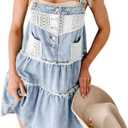 chouyatou Women's Summer Distressed Short Denim Overall Dress Adjustable Strap Lace Crochet Spliced Tiered Jean Dress (S)