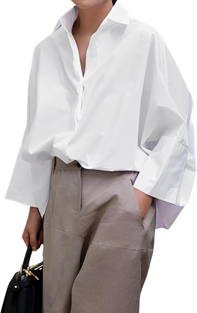 UOOZEE Womens Button Down Shirt Casual 3/4 Sleeve Loose Fit Collared Work Blouse Tops (Large, White)