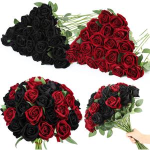 80 Pcs Roses Artificial Flowers, Silk Black & Red Artificial Flowers Petals Long Stem Roses for Wedding Bouquet Home Party Decor