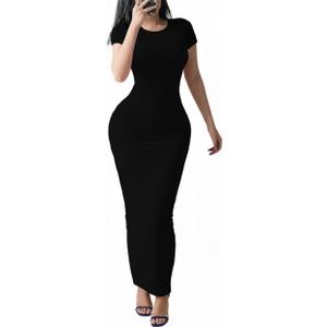 Women's Bodycon Maxi Dress Short Sleeve Round Neck Casual Long Dress Sexy Night Out Party Dresses-Black-M
