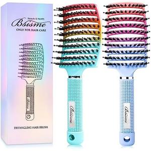 Boar Bristle Hair Brush, Curved Vented Detangler Brush Faster Blow Drying, Paddle Detangling Brush for Women Men Kids Wet Dry Long Curly Thick Straight Hair, Make Hair Shiny and Healthier(Green+Blue)