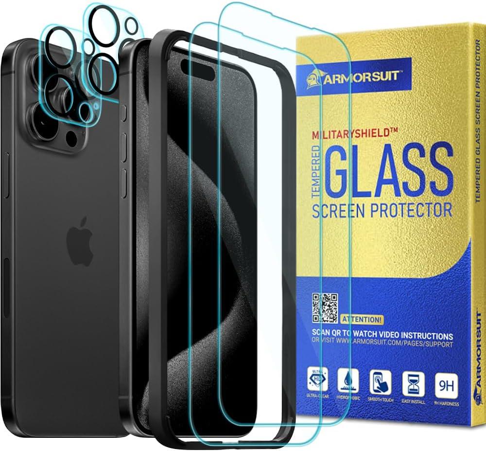 ArmorSuit Glass Screen Protector for iPhone 15 Pro + Camera Lens Protector Tempered Glass 2+2 Pack Case Friendly (w/Alignment Tool)