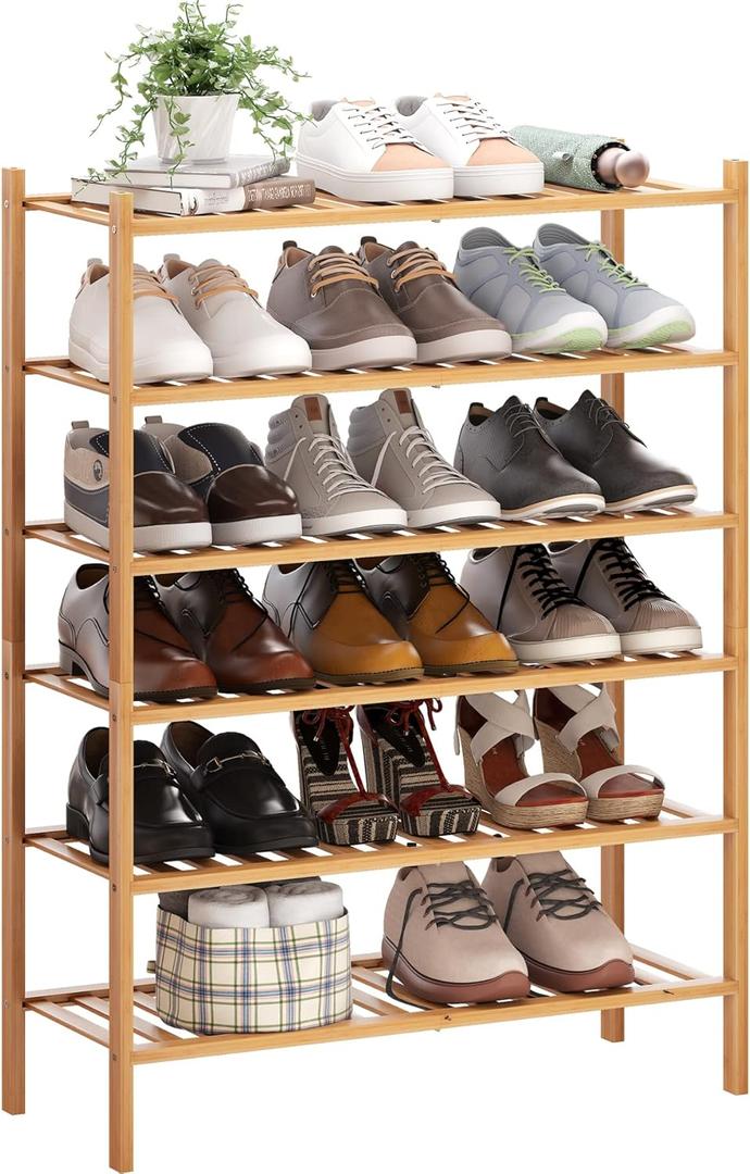 BMOSU 6-Tier Bamboo Shoe Rack Premium Stackable Shoe Shelf Storage Organizer for Hallway Closet Living Room Entryway Organizer (Natural Bamboo)