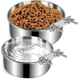 Crate Dog Bowls, Removable Stainless Steel Dog Bowl for Food and Water, Pet Kennel Hanging Food Water Feeder Station for Small/Medium/Large Pets, (7.1"x2.6" & 6.3"*2.4", Silver)
