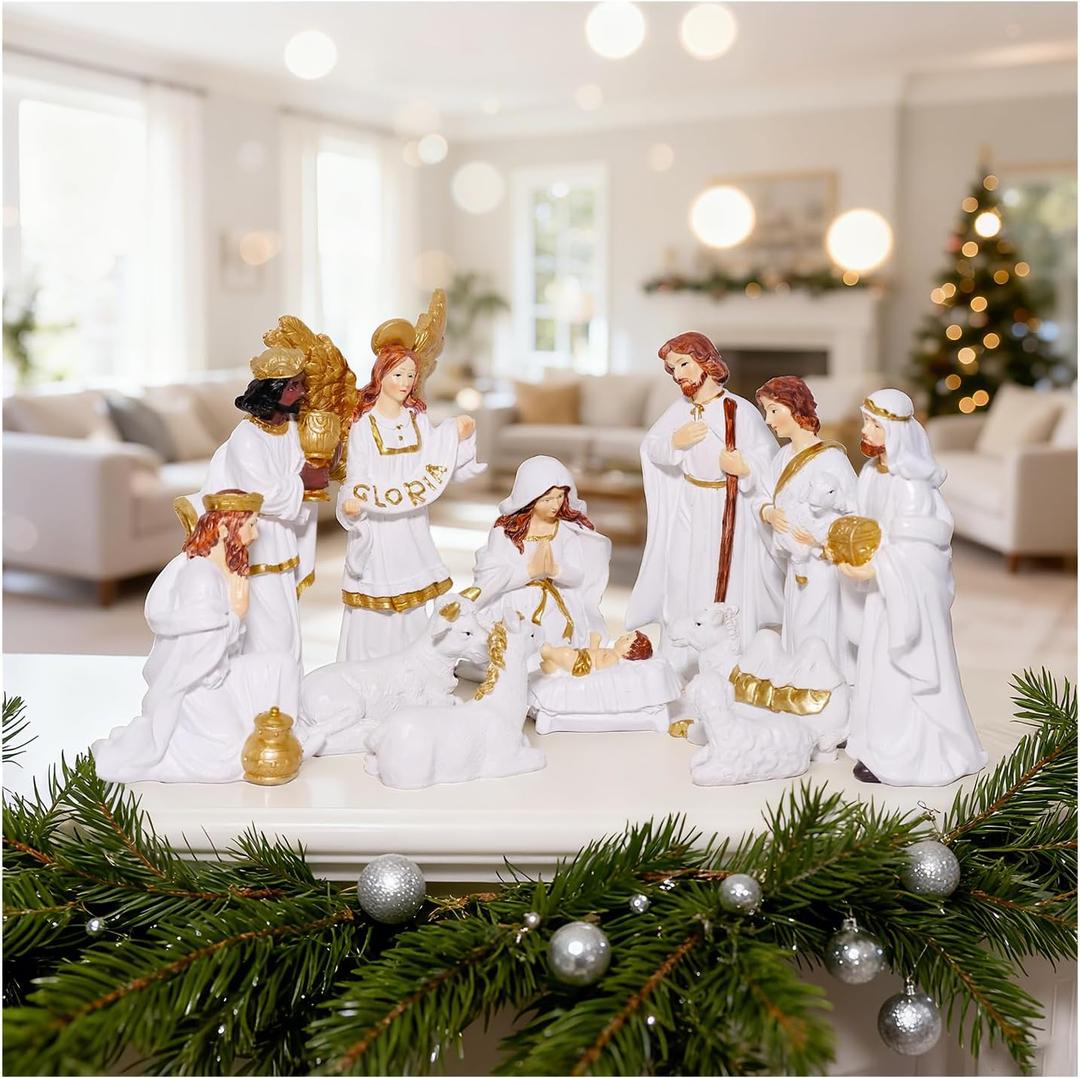 Nativity Set for Christmas 12 pcs White Manger Scene Holy Family Resin Figures Indoor Decorations Catholic 6 Inch