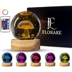 3D Crystal Ball Mushroom Lamp 80MM Cool Night Light Lamp with 16 Colors LED Changing Remote Control and Wood Base Ideal Gift for Kids Friend Lover and Birthday Cute Style Table Gift