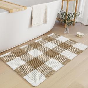 Arenarug Checkered Waffle Bath Mat, Super Absorbent Boho Farmhouse Bathroom Rugs Non Slip Washable, Ultra Soft Bath Rugs Mats with Tassels for Bathroom Floor, Brown White, 17"x24"