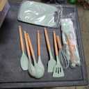 19 Piece Silicone Cookware Set - Kitchen Utensil Set with 9 Silicone Utensils, 5 Stainless Steel Knives, Wooden Handle, Light Green