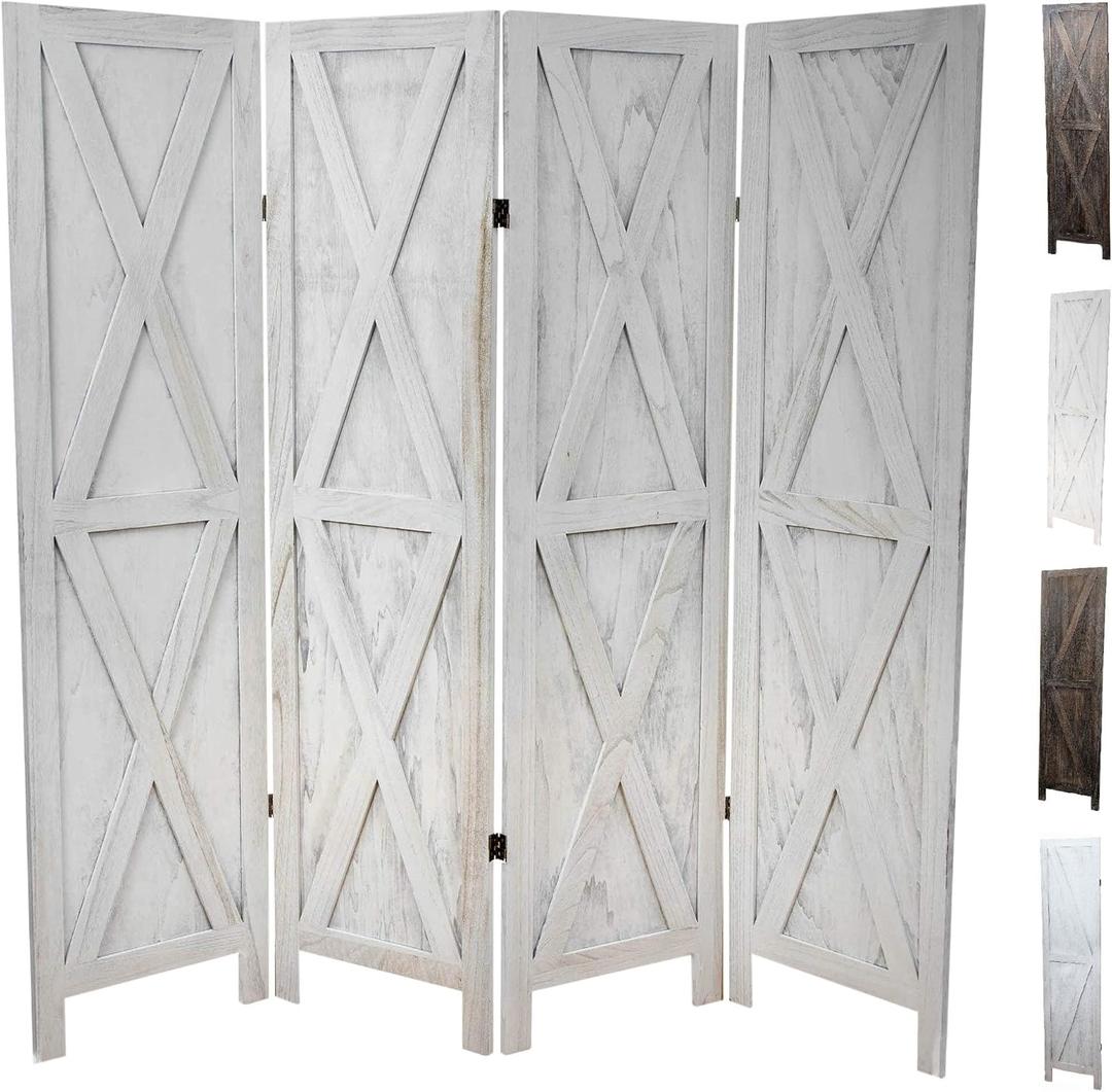 Premium Home 4-Panel Room Divider  Rustic White Barn Door, X Pattern Folding Privacy Screen, Partition Wall