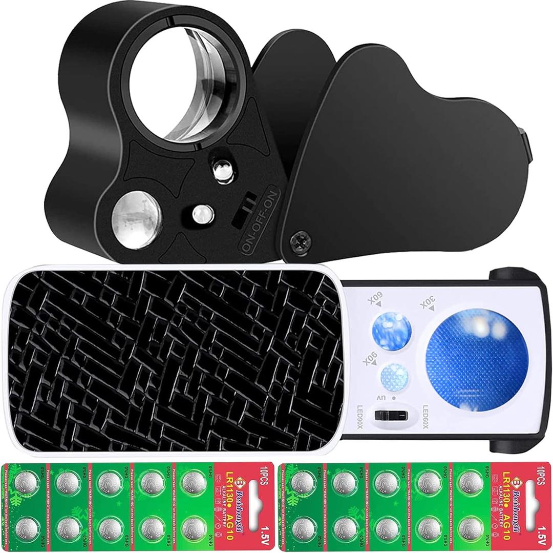 Jewelers Loupe, 2 Pack Magnifying Glass with Light, 30X 60X 90X Jewelers Loop Magnification with 20 Backup Batteries for Coin, Diamonds, Gems, Jewelry, Stamps Close Work (Black)