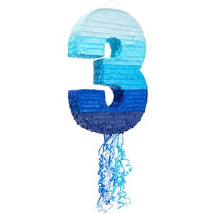 Ombre Blue Number 3 Pull String Pinata for Kids, 16.5"x3"x11.5" Fillable Hanging Decoration for 3rd Birthday Decorations for Boys Girls, Holds Candy, Confetti