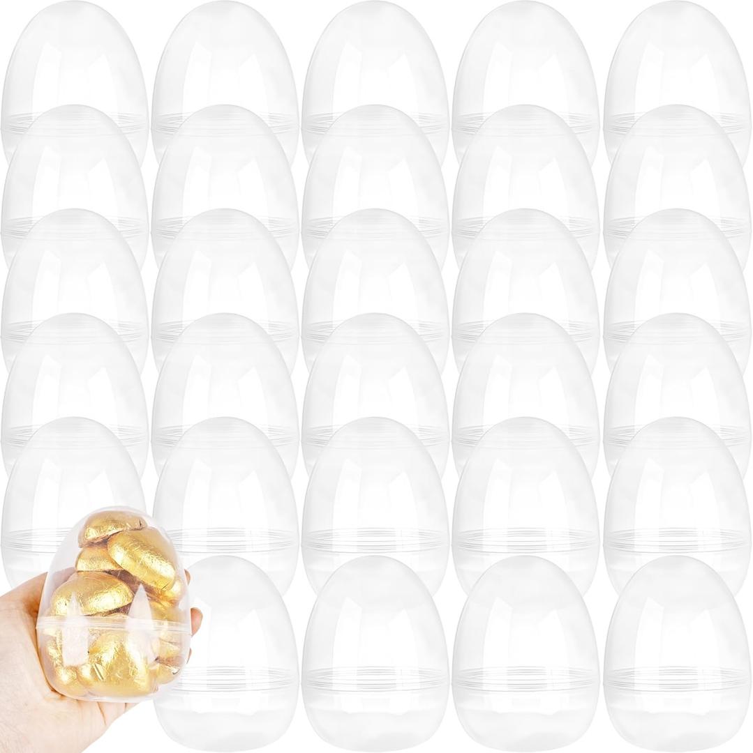 30 Pcs 4 Inch Clear Easter Eggs with Flat Bottoms Empty Plastic Easter Egg Bulk Small Transparent Fillable Easter Surprise Egg for Candy Easter Hunt Toys Party Favor