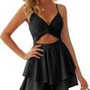 Women's Jumpsuit Sexy V Neck Twist Spaghetti Straps Double Layer Ruffle Hem Mini Short Romper, Black, Small
