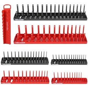 TOOLEAGUE 7Pcs Socket Organizer Tray and Magnetic Wrench Holder Set,Red SAE & Black Metric, 1/2", 1/4", 3/8" Socket Storage Trays for Tool Box Drawer