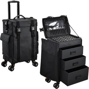 Stagiant Rolling Makeup Case 4 in 1 Soft Sided Professional Cosmetology Case on Wheels Freelance Makeup Artist Nylon Cosmetic Organize Storage Nail Technician Hair Stylist 3 Drawers Black