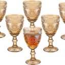 Vintage Wine Glasses Set of 6, 10 Ounces Colored Glass Water Goblets, Unique Flower Embossed Pattern High Clear Stemmed Glassware Wedding Party Bar Glass Drinking Cups Flower Amber Fancy Glasses