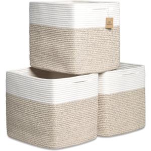 NaturalCozy 13x15x13 Kallax Storage Cubes Bins, 3 Pack | Cotton Rope Cube Storage Bin Woven Baskets for Organizing | Kallax Insert Storage Baskets for Shelves Organizer, Kids Toy, Closet Baby Nursery (Off White & Mixed Brown)