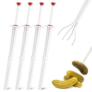 Meekoo Set of 4 Pickle Grabber Tool Stainless Steel and Plastic Pickle Picker Grabber 8 Inch Deluxe Olive Picker Pincher Tool Jar Fork for Kitchen Food Olive Pepper, White