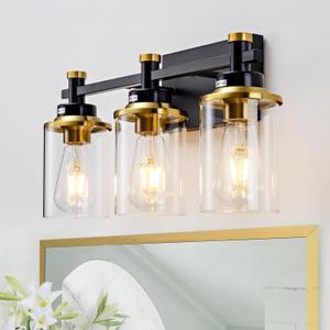 3 Light Bathroom Light Fixtures, Black and Brushed Gold Vanity Light Fixture Over Mirror, Modern Wall Sconces Lighting Wall Lamp for Bathroom, Bedroom, Hallway with Clear Glass Shade