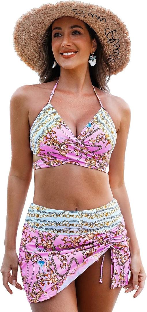 Herseas Women's Bikini Sets Two Piece Tummy Control Beach Outfits Tie Swimsuit Banded Stretch Swimming Suits Sexy Bathing Suit X-Large Pink Floral (XL)