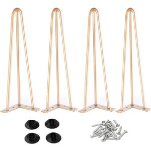 Osring 16 Inch Hairpin Table Legs with 1/2" Dia 3-Rods, Heavy Duty Metal Hairpin Furniture Leg for Coffee Table and Patio Bench, Gold Furniture Feet with Floor Protectors for Home DIY Project, 4 Pack