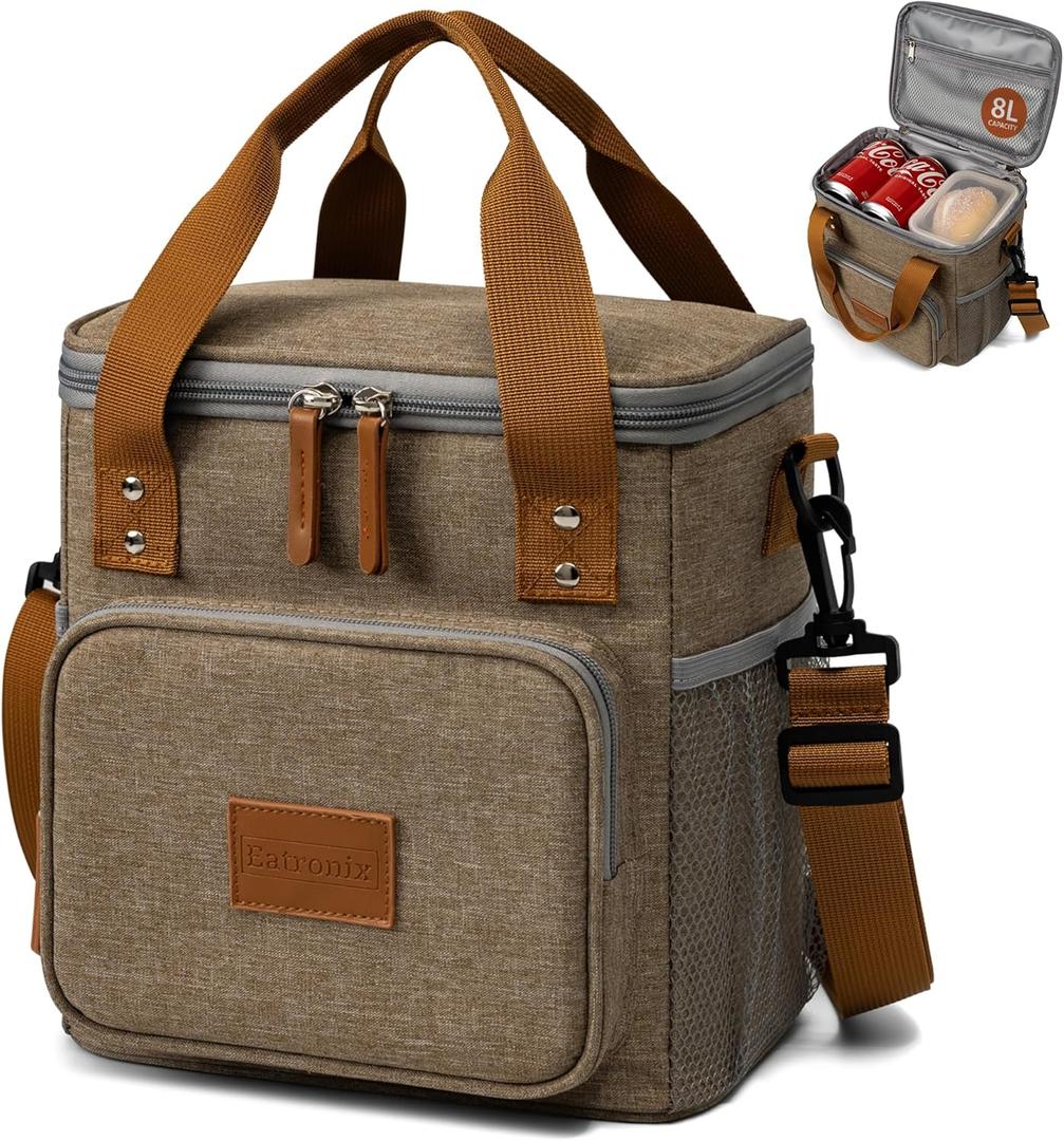 Insulated Lunch Box for Women & Men  8L/2 Gallons Leakproof Lunch Bag for Work, Office, School  Portable, Stylish & Durable Cooler Tote  Brown