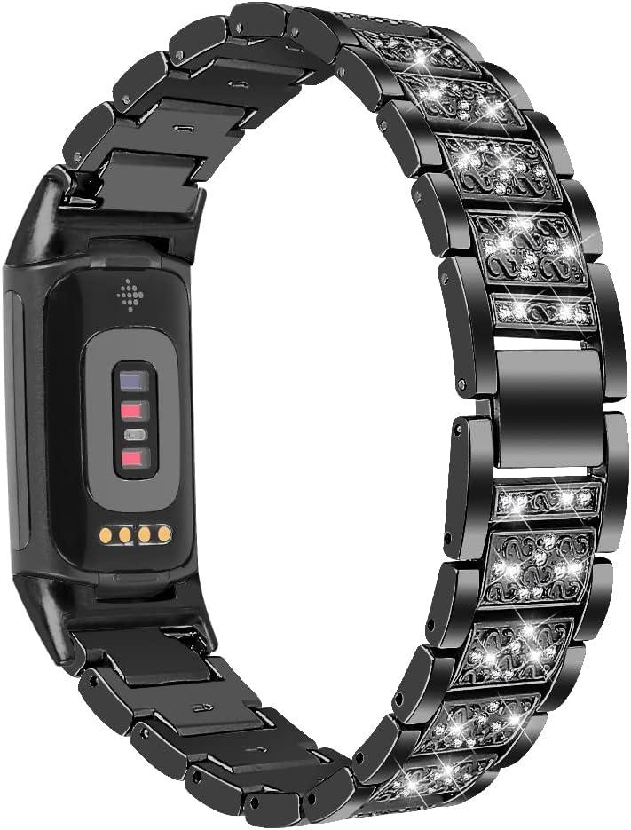 Bling Bands Compatible with Fitbit Charge 6/Charge 5, Shinny Metal Bracelet Straps Luxurious Rhinestone Replacement Wristband for Women (Black)