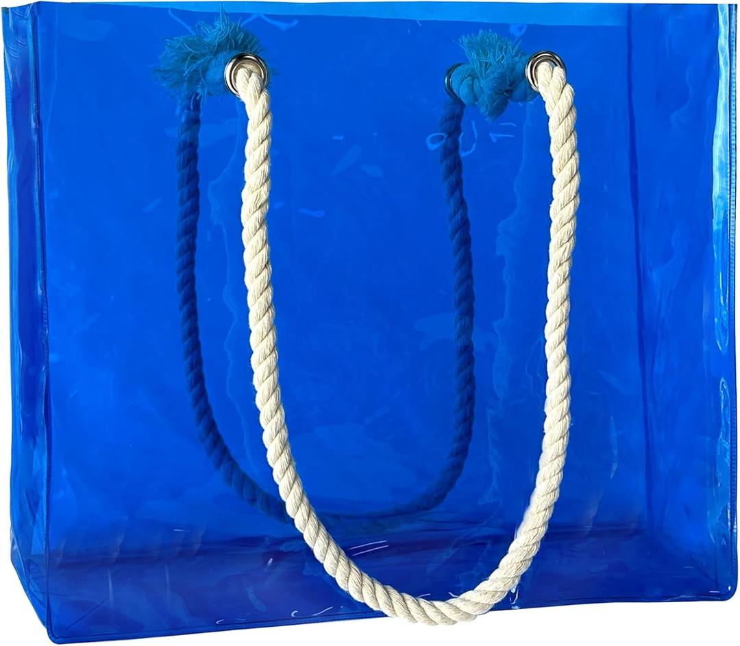 Clear Tote Bag with Rope Handles,15.75 x 3.94 x 11.81 inch Waterproof Sandproof PVC Beach Bag for Concerts (Blue-1pcs)