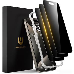 UNBREAKcable Privacy Screen Protector for iPhone 15 Pro (6.1"), 25 Anti-Spy Tempered Glass, Easy Install Alignment Frame, Case-Friendly, 9H Hardness, Anti-Fingerprint, 3-Pack