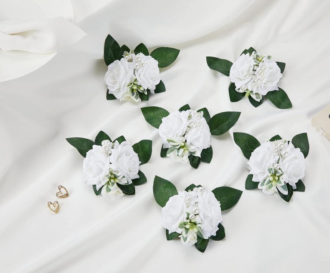 Meldel Boutonniere for Men Wedding Floral Shoulder Corsages, Set of 2,Groomsmen White Artificial Boutonnieres for Men Wedding Prom Best Man Corsage, Bride Bridal Bridesmaid Girl Prom Shoulder Flowers