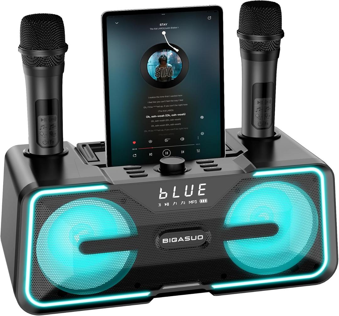 BIGASUO Karaoke Machine for Adults Kids with 2 UHF Wireless Microphones, Portable Bluetooth Singing PA Speaker System with LED Lights for Home Party, Wedding, Church, Picnic, Outdoor/Indoor